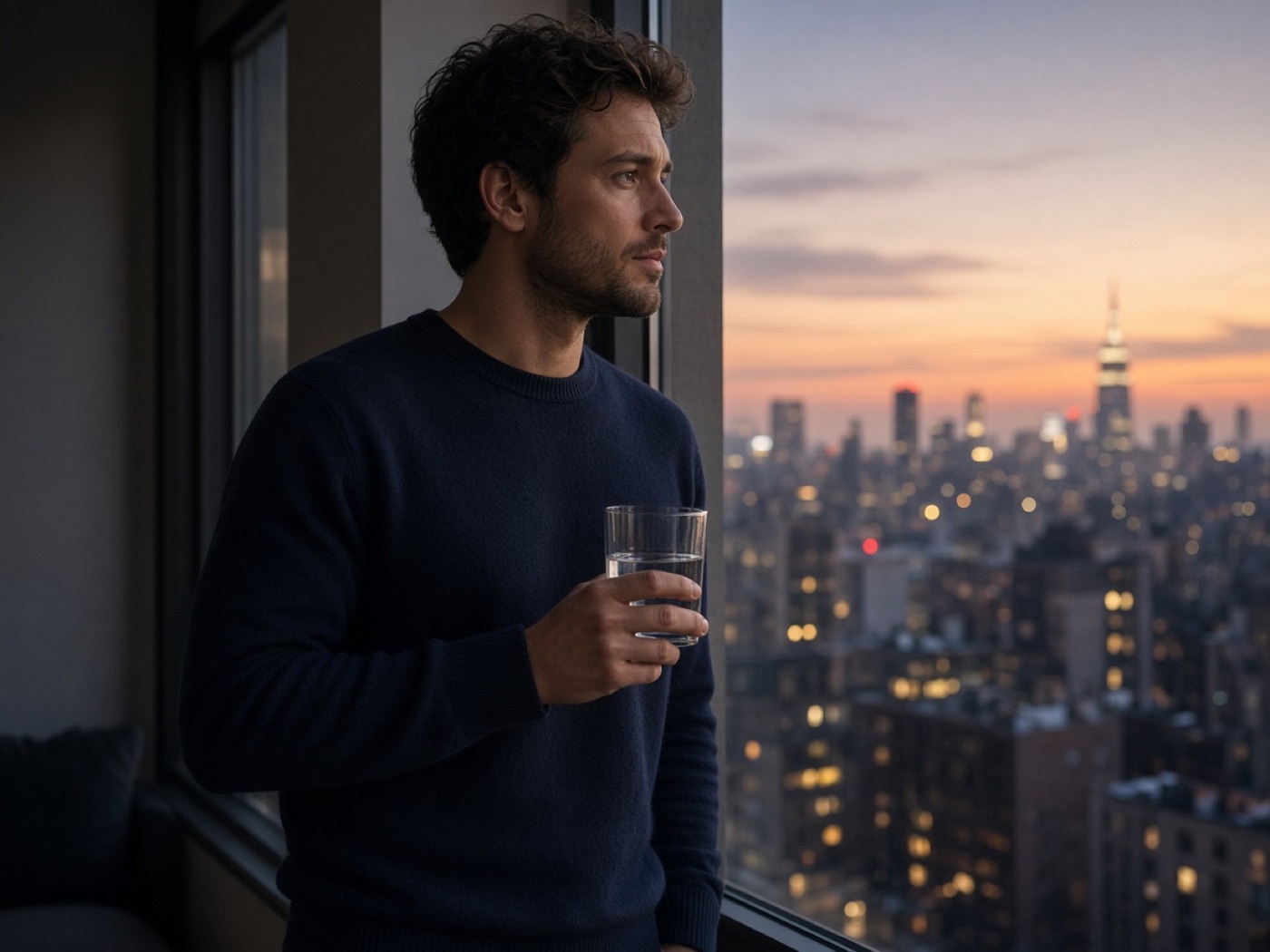 A man standing by a window at dusk.