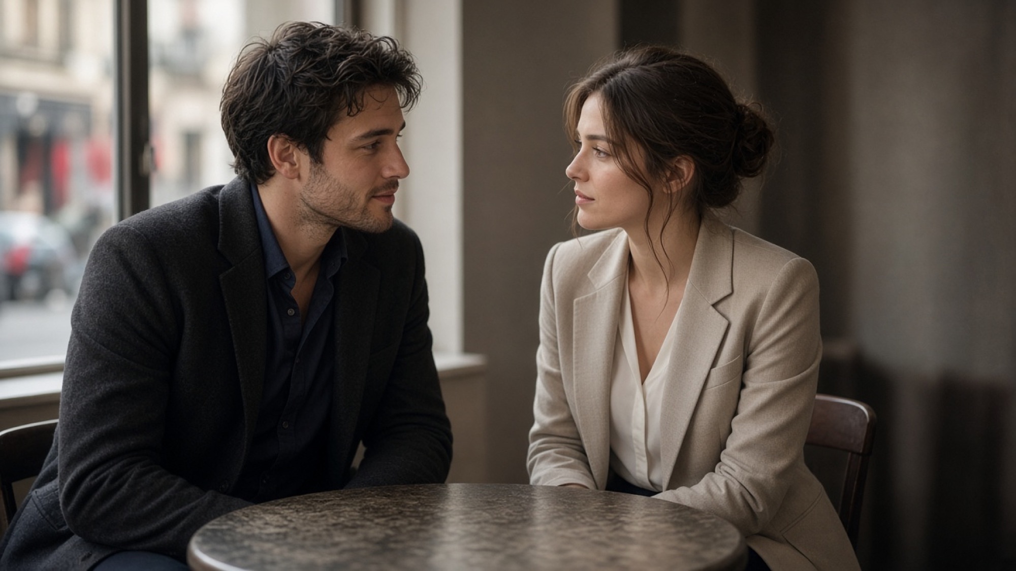 Two people talking across a small cafe table in late light.