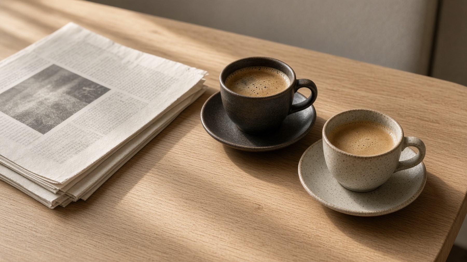 Two coffee cups on a pale wooden table.