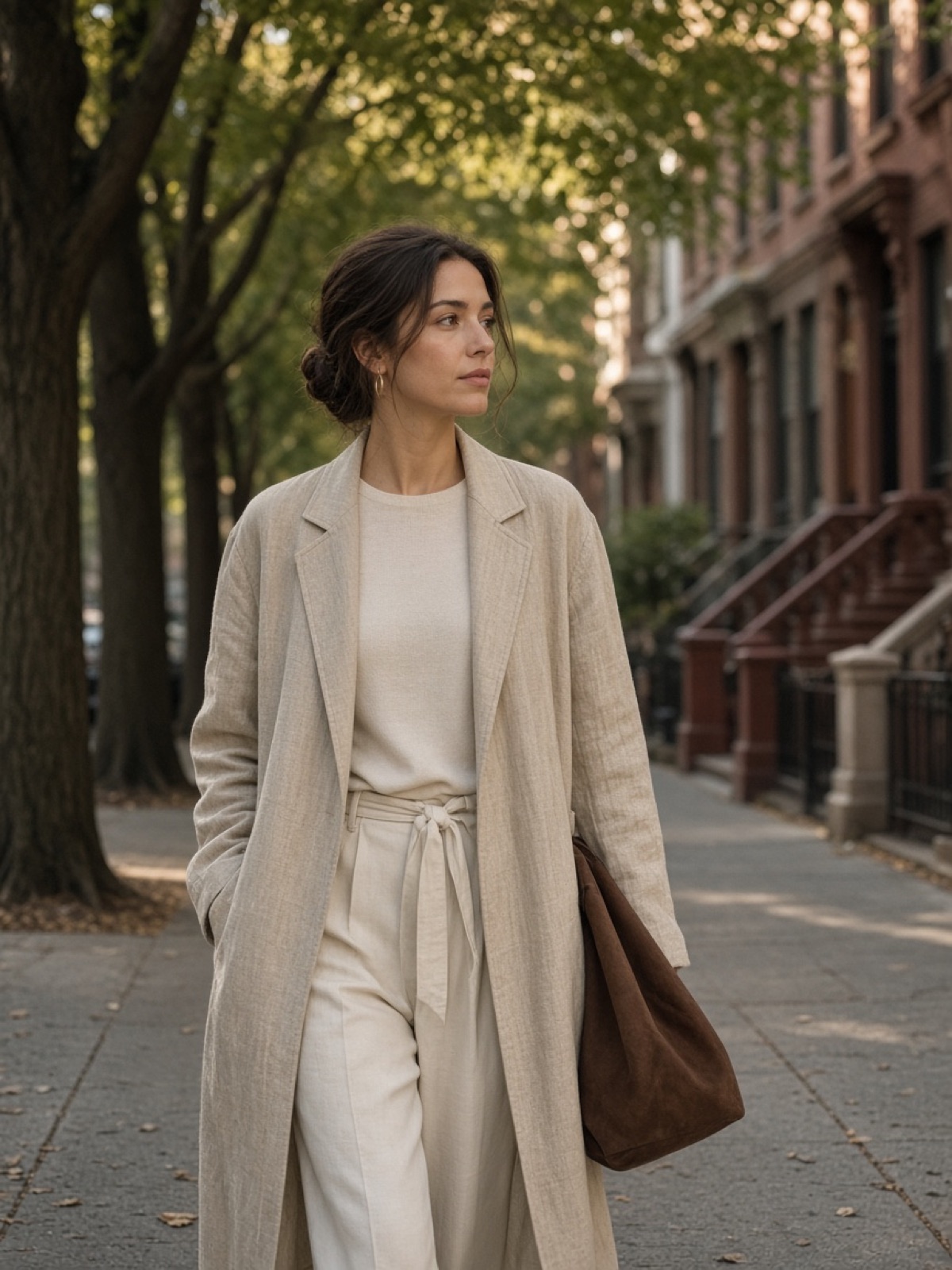 A woman walking a tree-lined street in late afternoon.